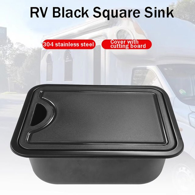 Schwarze Wohnmobil-Spüle mit Schneidebrett-Abdeckung und quadratischem Trompetenspülbecken, B/T/H: 38,0 x 14,5 cm - Bild 1