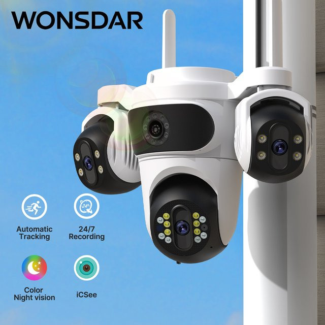 WONSDAR WiFi-Sicherheitskamera mit drei Objektiven und PTZ-Funktion, HD CCTV-Überwachung mit Menschenerkennung und iCsee App, Weiß - Bild 1