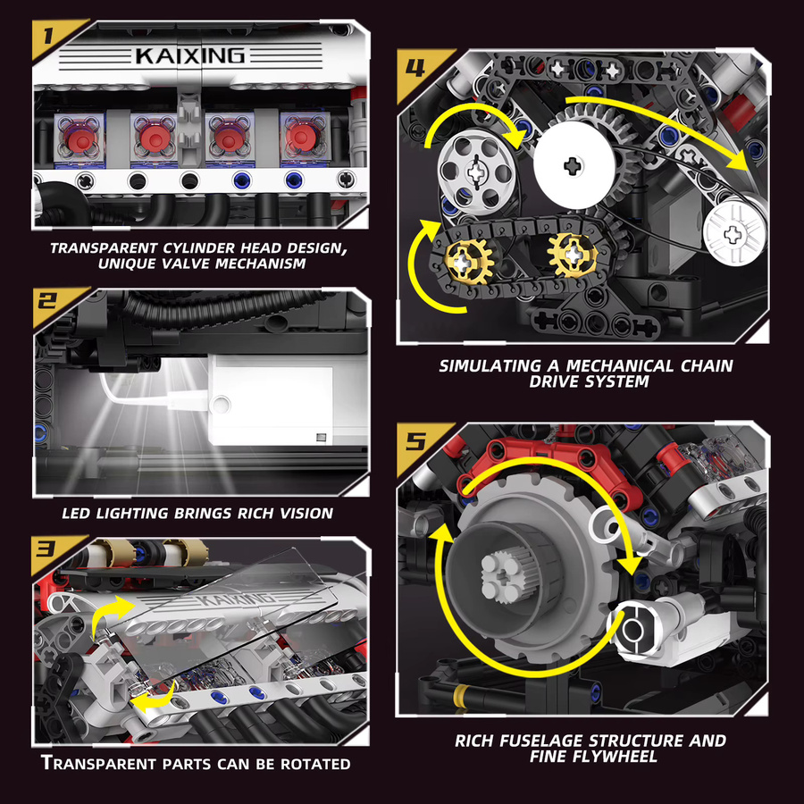 Wishiot K96212 F+1 Supercar V8 Motor DIY Modellbausatz mit 664 Bausteinen, LED Licht und App-Steuerung, Mehrfarbig - Bild 3