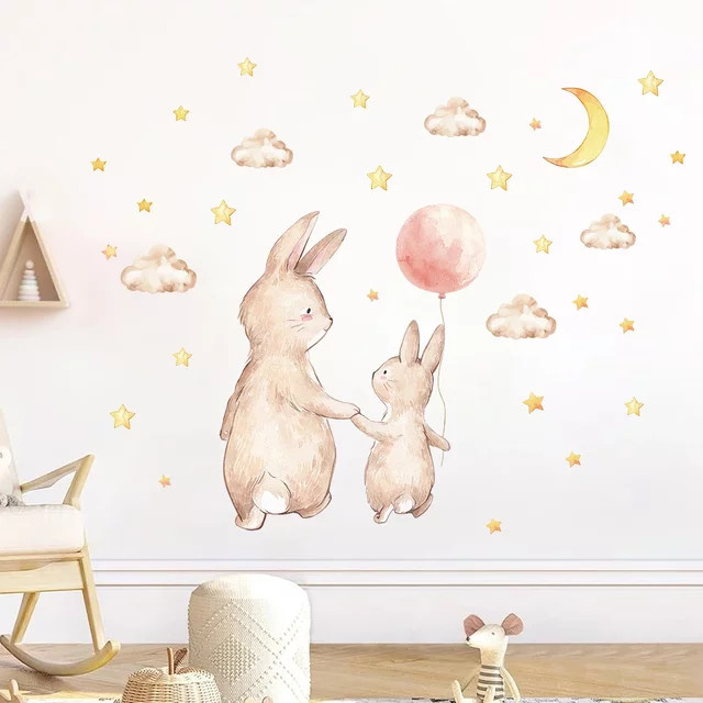 BRUP Wandaufkleber Cartoon Kaninchen Eltern-Kind Tiere für Kinderzimmer und Schlafzimmer, Mehrfarbig - Bild 1