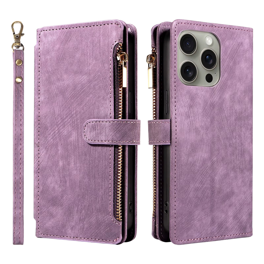 EAACAA Leder-Handyhülle für iPhone 17 Pro Max, 17 Pro, 17E und 17 Air mit Reißverschluss, Magnetständer und Brieftaschenfunktion in Schwarz oder Lila - Bild 2