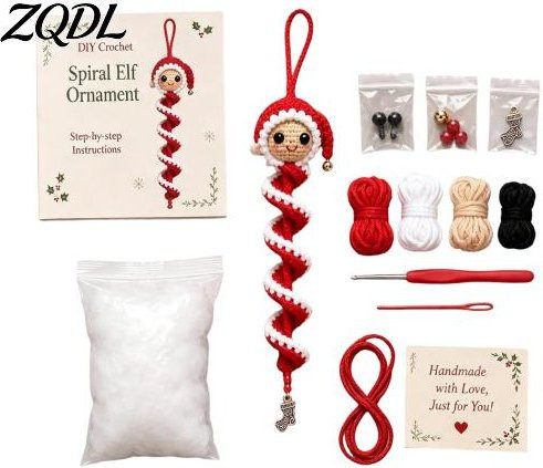 ZiQiDongLai DIY-Bastelset für Weihnachtsdekoration mit Häkelpuppe im Schneemann-Muster, rot-schwarzes Ornament-Set aus Textil und Perlen zum Aufhängen - Bild 1