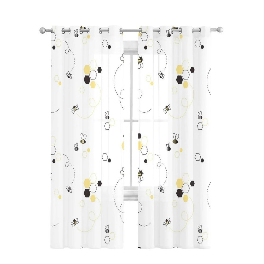 Yiran Furniture Transparentes Tüll-Fensterdekoration mit Bienen-Motiv und Quadratmuster, Organza-Voile-Vorhang mit Ösen, B: 135 cm, H: 115 cm - Bild 2