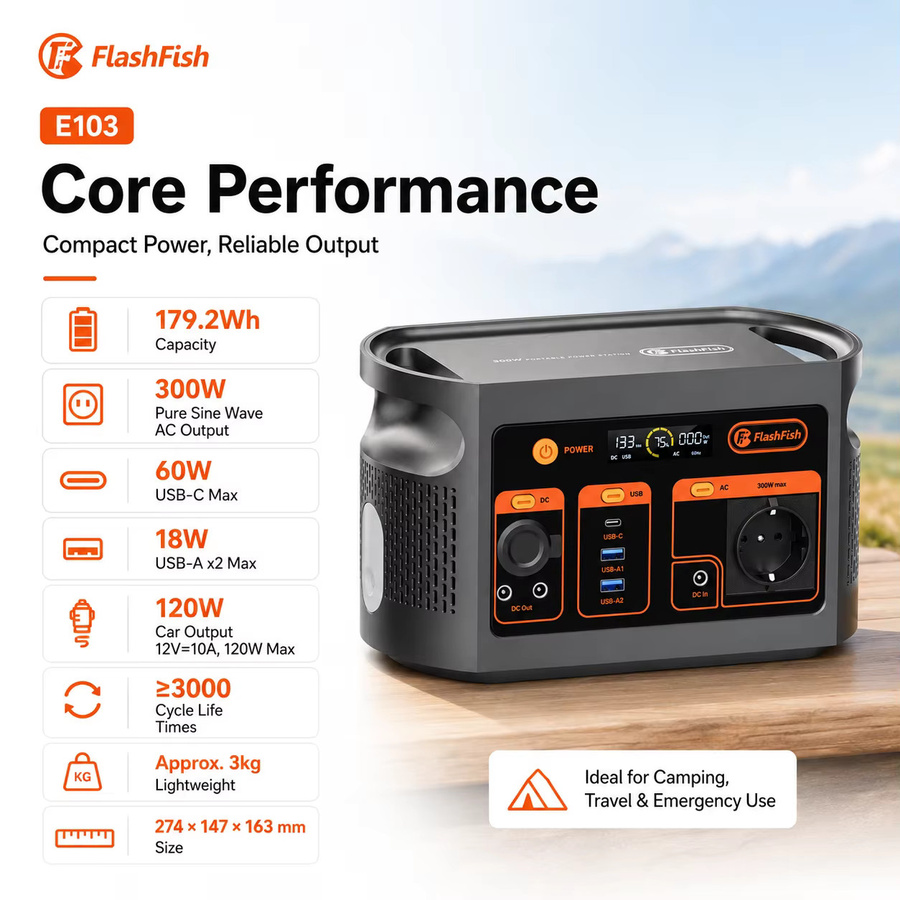 Tragbare Powerstation FlashFish E103 in Schwarz mit 300W, 179,2Wh, Reine Sinuswelle, 230V und 60W PD für Camping, Reisen und Notfälle - Bild 2
