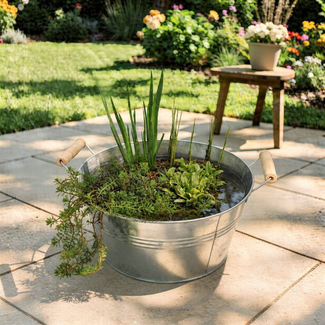 Bunter Miniteich aus Zink mit 4 Wasserpflanzen und Pflanzkorb von Mein schöner Garten Shop - Bild 1