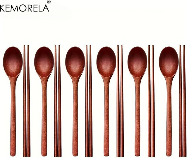 12-teiliges KEMORELA Holzbesteck-Set aus Holz in Braun mit Löffeln und Essstäbchen, mattiert, B/T/H: 23,5 x 4,0 x 12,0 cm - Bild 1