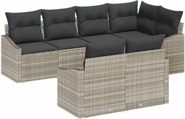 vidaXL Garten-Sofa-Set 7-teilig aus Poly Rattan und Stahl in Hellgrau mit Polstern und Armlehnen - Bild 1