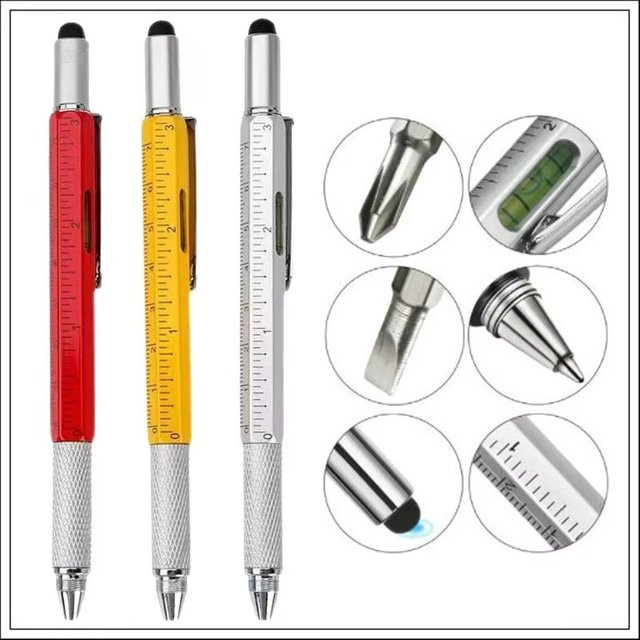 6-in-1 Multifunktions-Kugelschreiber aus Metall mit Lineal, Bildschirmstift, Schraubendreher und Wasserwaage in Silber - Bild 1