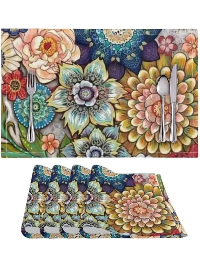 VIKAMA 4-teiliges Bohemian Floral Tischset, mehrfarbig, wasserdicht und ölbeständig - Bild 6