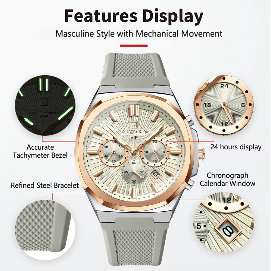 REWARD Armbanduhr Chronograph, Quarz, Silikonband, Herren, Grün, Roségold - Bild 2