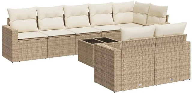 vidaXL 9-tlg. Garten-Sofagarnitur in L-Form aus Poly-Rattan in Beige mit Kissen und Armlehnen - Bild 1