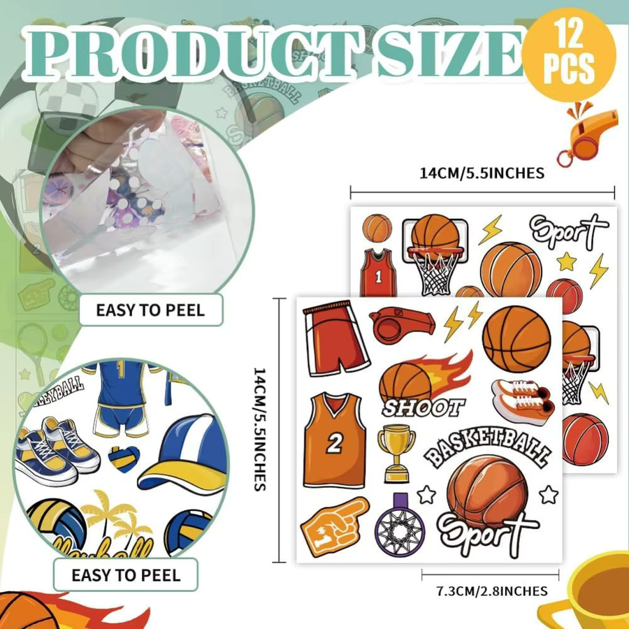 12 Blatt PVC-Aufkleber mit 12 verschiedenen Ball-Motiven wie Fußball, Basketball und Tennis zum Basteln und Aufreiben von Transfers, Mehrfarbig - Bild 2