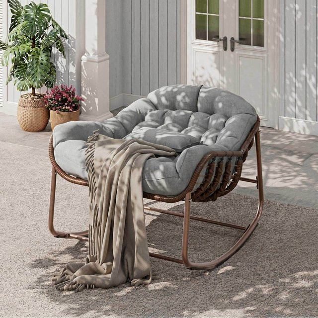 HiMISS Übergroßer Papasan-Schaukelstuhl für die Terrasse mit Rattan-Geflecht und grauem Kissen, Outdoor-Lounge-Schaukelstuhl im Boho-Stil - Bild 1