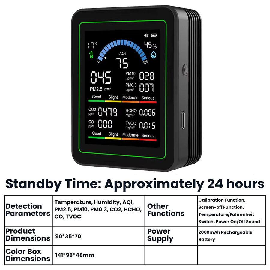 Voktta 10-in-1 Luftqualitätsmonitor in Weiß zur Messung von CO2, TVOC, HCHO, PM2,5, PM1,0, PM10 sowie Temperatur und Luftfeuchtigkeit - Bild 3