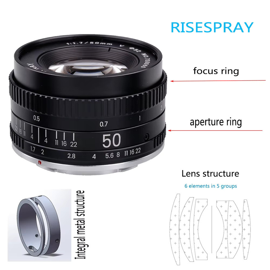 RISESPRAY 50mm F1.7 Metall-Objektiv für Vollformat, Standard-Prime-Objektiv mit großer Blende und manueller Fokussierung, Farbe: Schwarz, Kompatibel mit Canon EOS EF, M42 und Nikon F SLR-Kameras - Bild 3