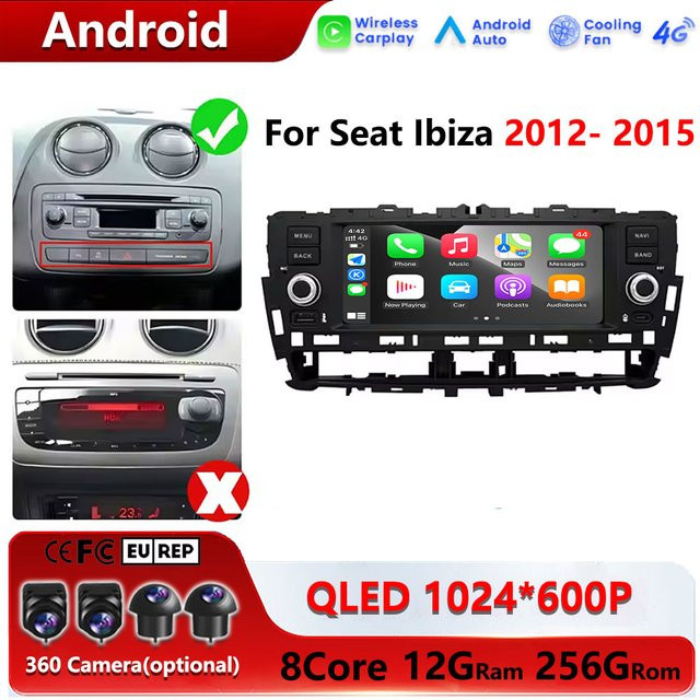CUCU-NAVI Android 16 Autoradio mit CarPlay, WiFi und 4G für Seat Ibiza 2012 bis 2015, Multimedia Videoplayer mit GPS Navigation, Schwarz - Bild 1