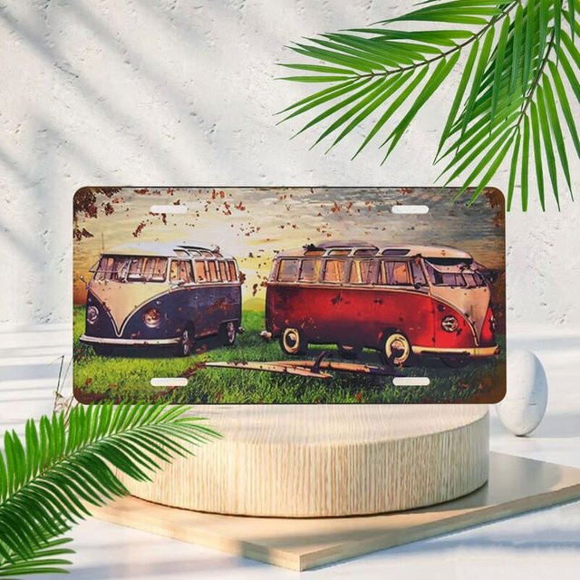 Vintage Volkswagen Van Muster Dekoration Nummernschild für Zuhause, Bar und Garage - Bild 1