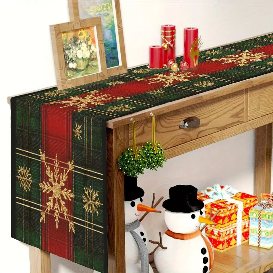 VIKAMA Tischläufer Weihnachten mit kariertem Schneeflockenmuster in Rot und Grün, Stoff - Bild 3