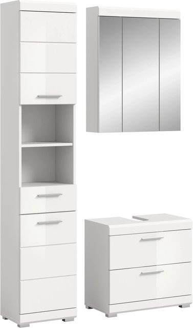 3-teilige Badkombination Xonox in Weiß Hochglanz mit Unterschrank, Spiegelschrank und Hochschrank, B/H/T: 112 x 191 x 34 cm - Bild 1
