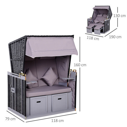 Outsunny Strandkorb Volllieger aus PE-Rattan in Grau mit Sonnendach und Seitenfächern, B/T/H: 118 x 79 x 150 cm - Bild 8