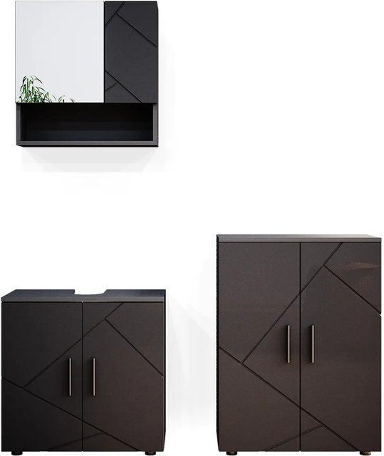 Vicco Badmöbel Set Irma in Anthrazit Hochglanz bestehend aus 3 Teilen mit Spiegelschrank, LED-Beleuchtung und Unterschrank Breite: 60 cm - Bild 2