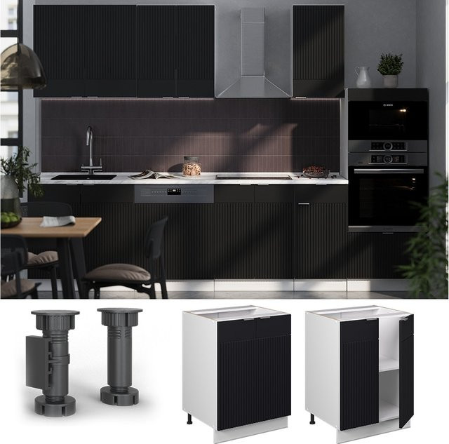 Vicco Küchenunterschrank Fame-Line Weiß Schwarz Gestreift mit Arbeitsplatte Marmor-Weiß Breite: 60 cm, Höhe: 82 cm - Bild 1