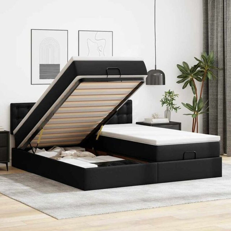 vidaxl Ottoman Polsterbett mit Matratzen und LED in Schwarz aus Kunstleder B/T: 180 x 200 cm - Bild 1