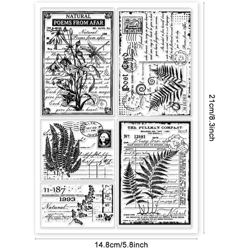 Vintage Blatt Pflanzen Silikonstempel für Scrapbooking und DIY Karten mit Retro Text, Transparent, B: 14,73 cm x H: 21,15 cm - Bild 4
