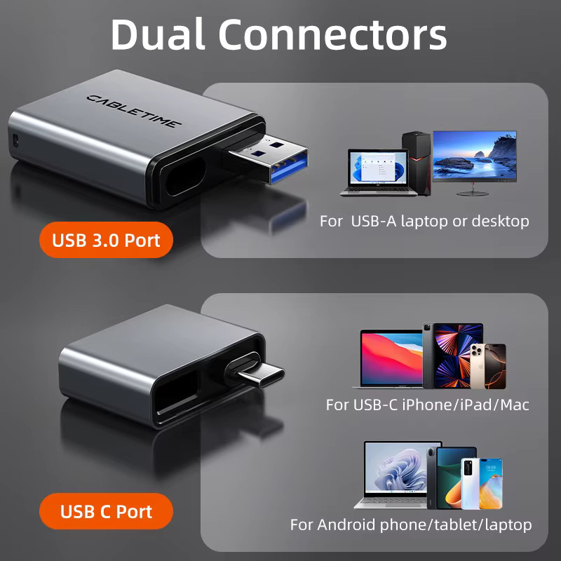 CABLETIME 3 in 1 Kartenleser mit USB 3.0 5 Gbit/s, USB-A und USB-C Anschluss für SD und TF Karten aus Aluminiumlegierung für iPhone und iPad - Bild 2