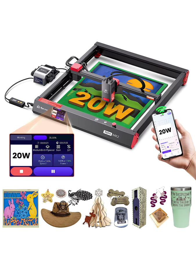Algolaser 20W Lasergravurmaschine mit Luftunterstützungs-Kit, Laserschneider und Lasergravierer mit 3,5-Zoll Smart-Touchscreen und AlgoOS-System in Schwarz - Bild 1