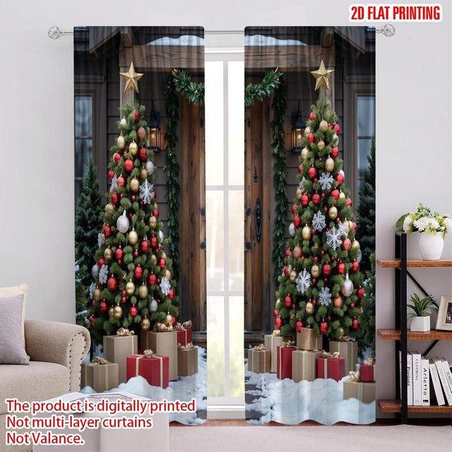 Set aus 2 weihnachtlichen Fenstervorhängen mit Frohe Weihnachten Motiv von Tonnika Chen, Polyester, Breite: 100 cm, Höhe: 70 cm - Bild 1