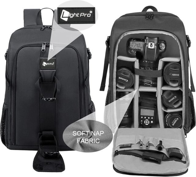 Wasserdichter Fotografie-Kamerarucksack von lightpro mit Regenschutz für Canon, Nikon, Sony und Pentax, geeignet für Video-Stativ und DSLR in Schwarz oder Grau - Bild 1