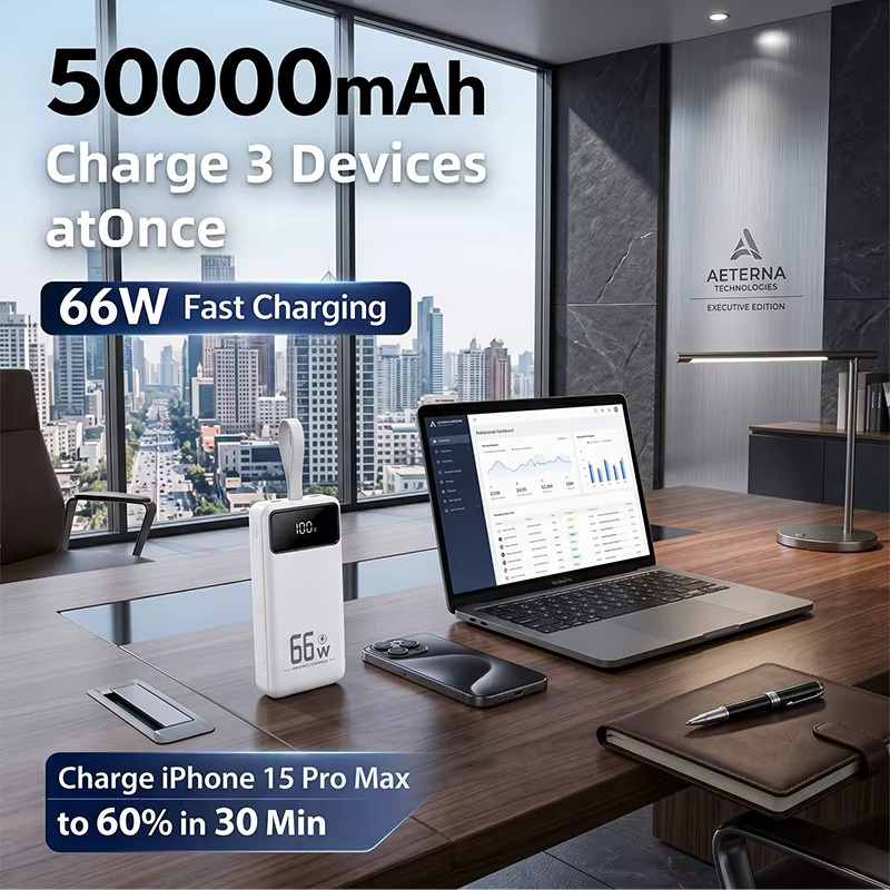 Cohana Hochleistungs-Powerbank 50000mAh mit 66W Schnellladung, Multi-Port-Ladegerät für iOS und Android in Weiß mit LED-Taschenlampe - Bild 3