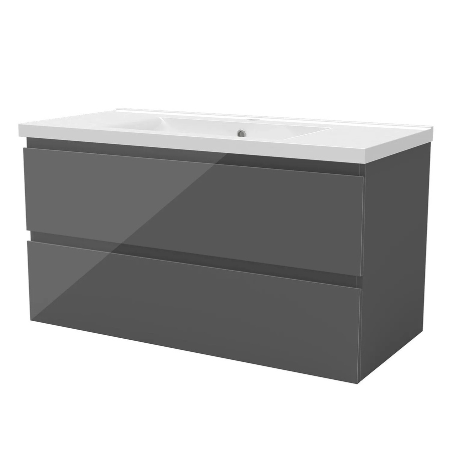 AICA Badmöbel Aalst 2-teiliges Badezimmerset mit Keramik-Waschtisch und Unterschrank, Hochglänzend Anthrazit, Breite: 100 cm, Softclose-Schubladen, Wandmontage - Bild 2