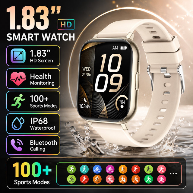 LIGE Smartwatch mit 1,83 Zoll HD-Display für Damen und Herren mit Gesundheitsüberwachung, Bluetooth-Anruf und wasserdichtem Gehäuse für Android und iOS - Bild 1