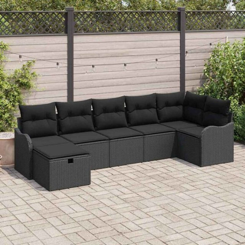 vidaXL Garten-Sofa-Set aus Polyrattan mit 7-teiligem Kissen-Set in Schwarz im modernen und minimalistischen Design - Bild 1