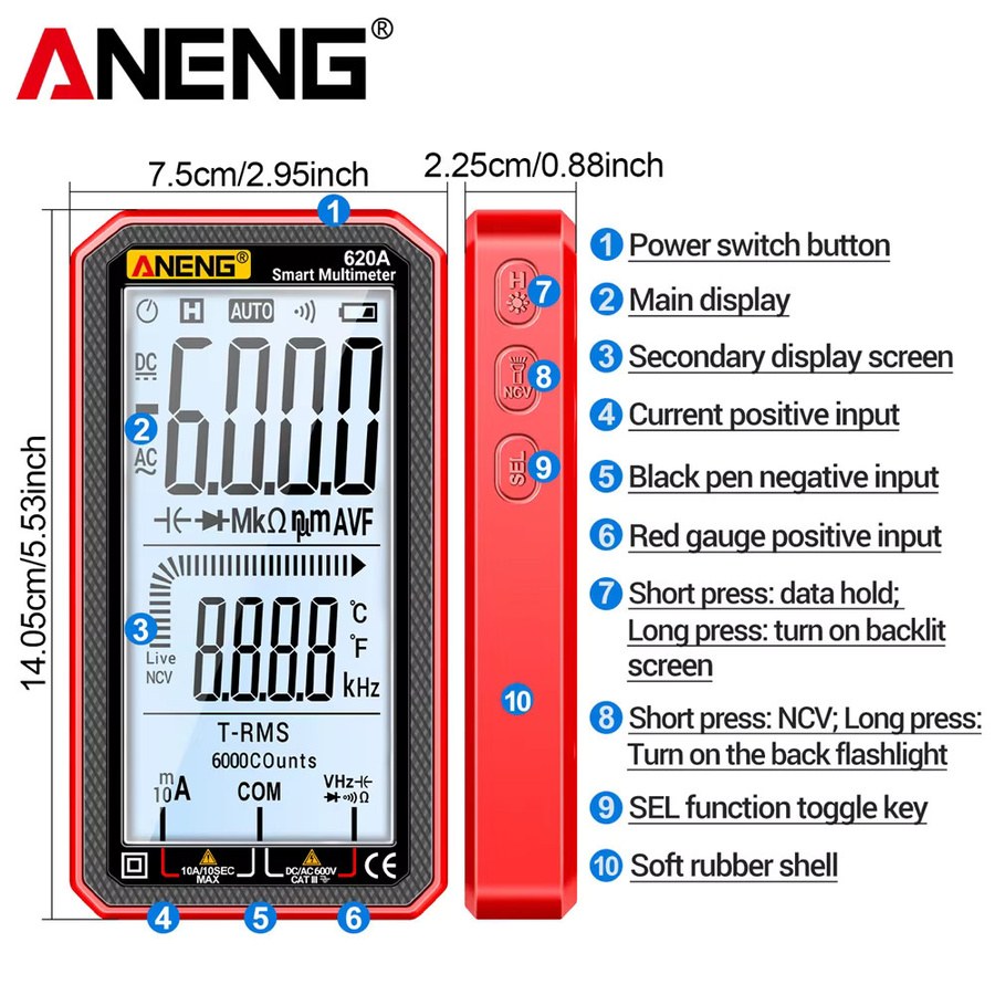 ANENG 620A Digitales Multimeter in Schwarz mit 6000 Zählungen, automatischer Bereichswahl, AC/DC Spannung, Strom, Widerstand, Kapazität, Frequenz, Temperatur, NCV und Datenhaltefunktion - Bild 7