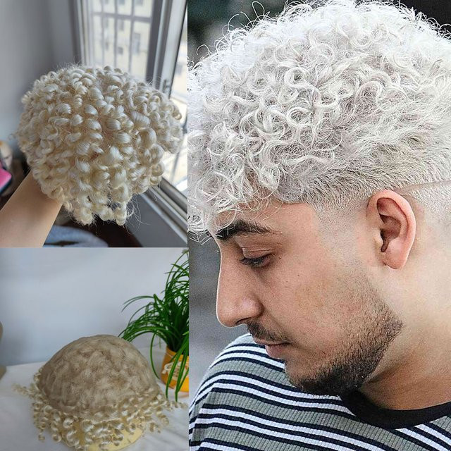 eseewigs Toupet für Herren, Lockiges Echthaar, Weiß, 10x8 Zoll - Bild 1