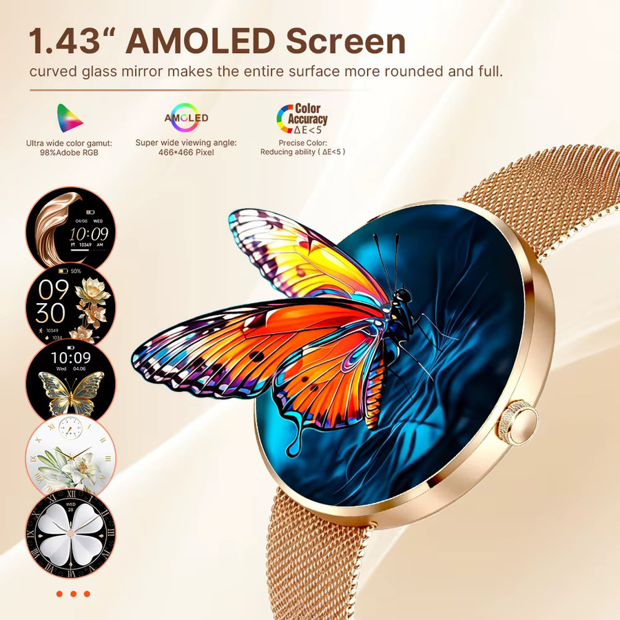MEVADEN H33 Damen Smartwatch mit 1,43 Zoll AMOLED-Bildschirm aus Edelstahl in Gold - Bild 4