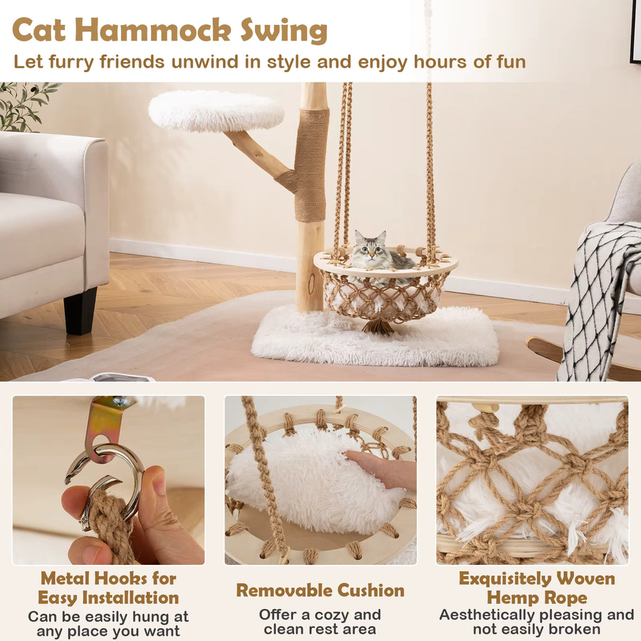 GOFLAME Katzenkratzbaum aus Holz im Boho-Design mit Hängekorb, Jute und echten Holzzweigen in Braun und Weiß - Bild 2