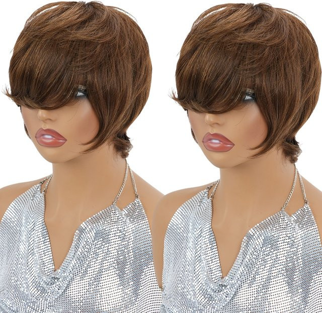 OYM HAIR Pixie-Cut-Echthaarperücke, braun, texturiert, mit Pony - Bild 1