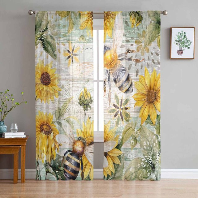 Transparente Voile-Vorhänge mit Sonnenblumen- und Bienen-Motiv in Weiß, Breite: 135 cm, Höhe: 115 cm - Bild 1