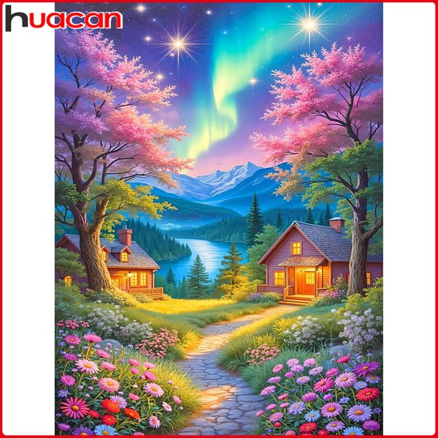 Huacan Volldiamantgemälde Aurora Haus Baum Landschaft als Diamant Stickerei Set in Mehrfarbig, B/H: 30 x 20 cm - Bild 1