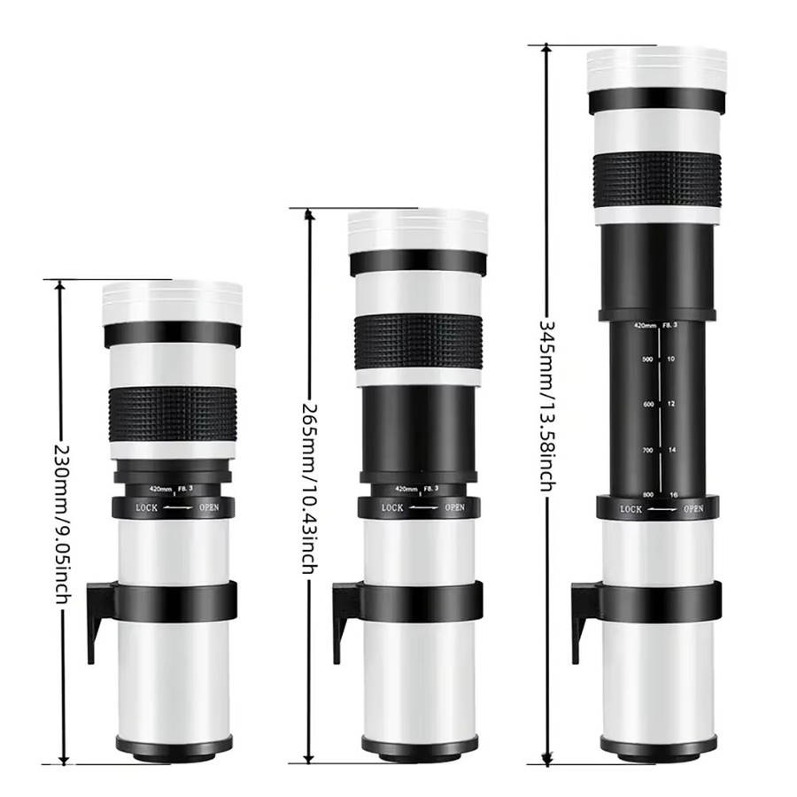 Lightdow Super HD manuelles Tele-Zoomobjektiv mit Adapter für Sony Canon Nikon Pentax Olympus Kameras, Brennweite 420–800 mm, f/8,3–16, Farbe Weiß - Bild 2