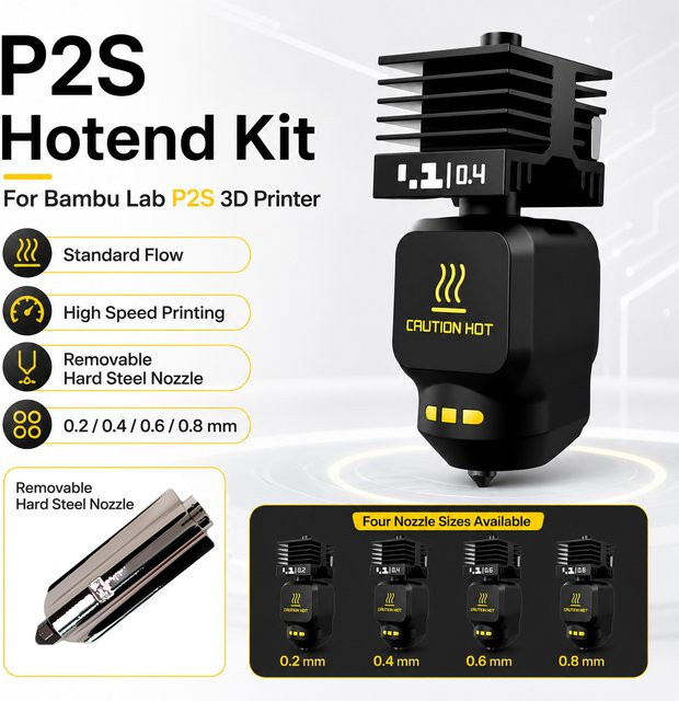 Bambu Lab Hotend-Kit für P2S mit Hochgeschwindigkeitsdüsen aus gehärtetem Stahl in Schwarz, Set mit 0,2 mm, 0,4 mm, 0,6 mm und 0,8 mm für FDM 3D-Drucker - Bild 1