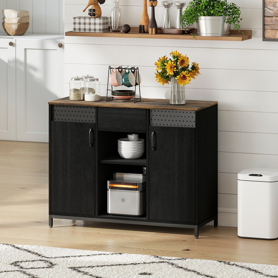 HOMCOM Sideboard mit 2 Türen und Schublade, Wohnzimmerschrank mit verstellbaren Regalfächern, Schwarz und Rustikal Braun, B/T/H: 100 x 40 x 80 cm - Bild 2
