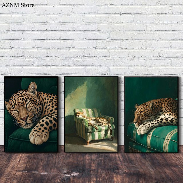 Potdemiel Kunstdruck Poster Gepard in Smaragd Grün Moderne Tier Kunst Leinwand Malerei - Bild 1