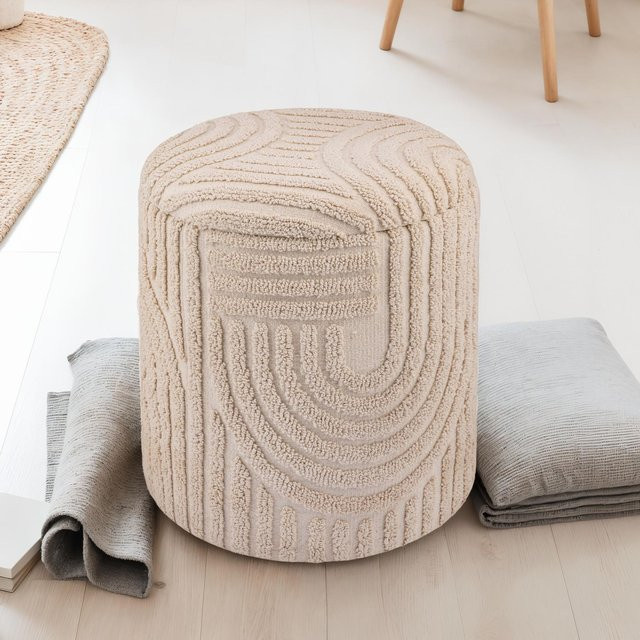 FineBuy Sitzhocker Boho mit Stauraum aus Baumwolle, rund, Beige, Durchmesser: 40 cm, Höhe: 45 cm - Bild 1