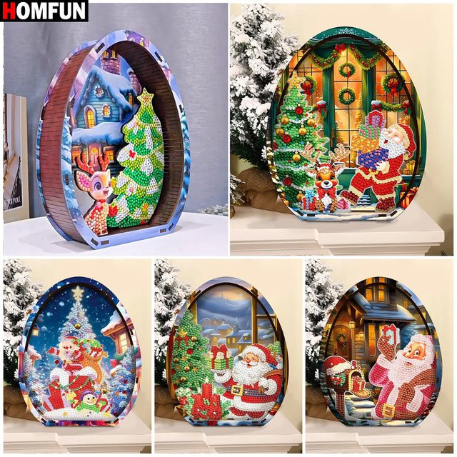 HOMFUN Weihnachts-Desktop-Diamant-Kunst-Set aus Holz, 5D-Diamant-Kunst-Tischdekorationsset zum Selbermachen mit Weihnachtsmann-Motiv in Mehrfarbig - Bild 1