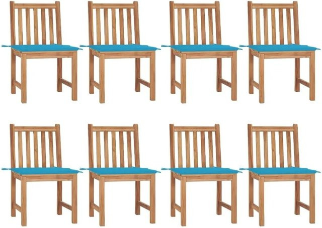 vidaXL Gartenstuhl-Set aus Teak-Massivholz mit Kissen, 8 Stück, Braun/Blau - Bild 1